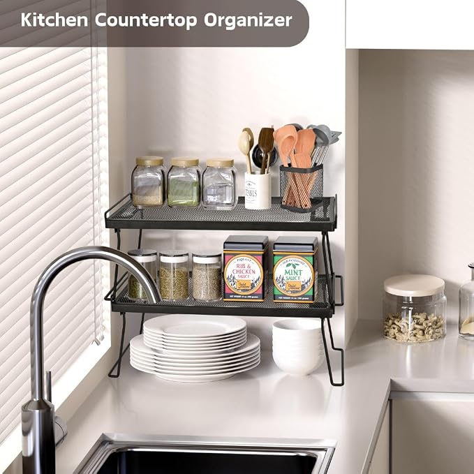 IBERG Stackable Cabinet Shelf Organizer, Set of 2 Metal Shelves (Black)