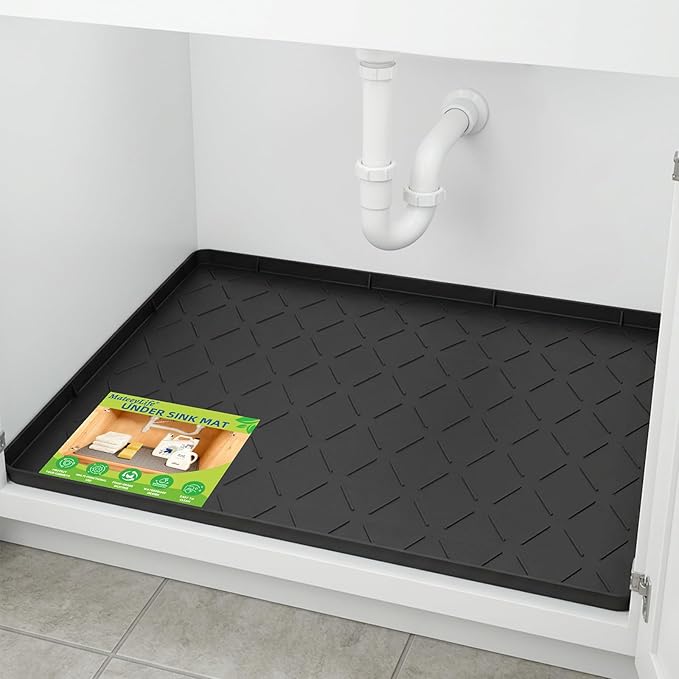 Mateeylife Under Sink Mats for Kitchen Waterproof 28"X19", Undersink Protectors，Silicone Mat Cabinet Liner, Under Sink Organizer for Bathroom and Kitchen，Boot Tray Pet Food Mat, Classic Black