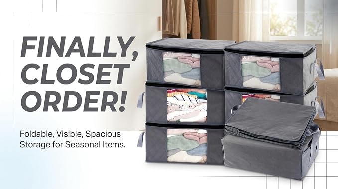 Storage Clothes Bins Closet Bags - 35L Containers Organizer Boxes Clothing Bin Organization for Organizing Blanket Pillow Sheet Sweater, Foldable Bedroom Small Storage Totes With Lids Zipper, 6pc Pack