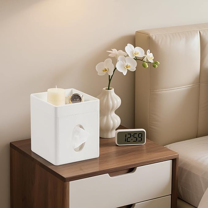 Tissue Box Cover, PU Leather Square Tissue Box Holder with Storage Tray for Bathroom Vanity Countertop Night Stands Bedroom Office Desk, Stylish Tissue Holder Decorative Organizer