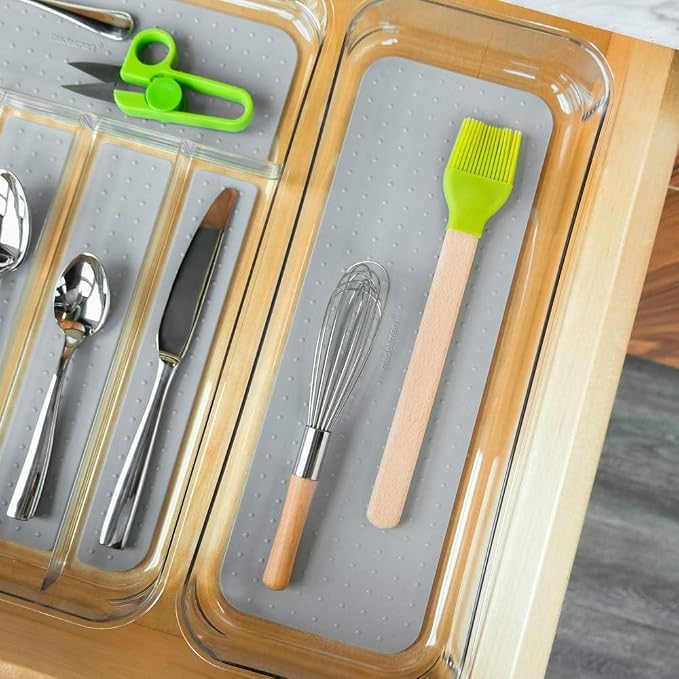 madesmart Large Clear Storage Bin Organizer, Premium Soft-Grip Lining, for Utensils, Office & Kitchen Supplies, Bathroom Storage, Grey