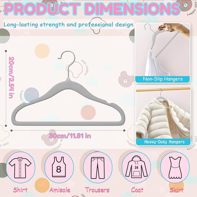 Baby Hangers 11.6 Inch Kids Velvet Non Slip CoatHangers 30 Pack Toddler Hangers Space Saving ClosetOrganizer for Toddler Infant Children Clothing (Gray Velvet)