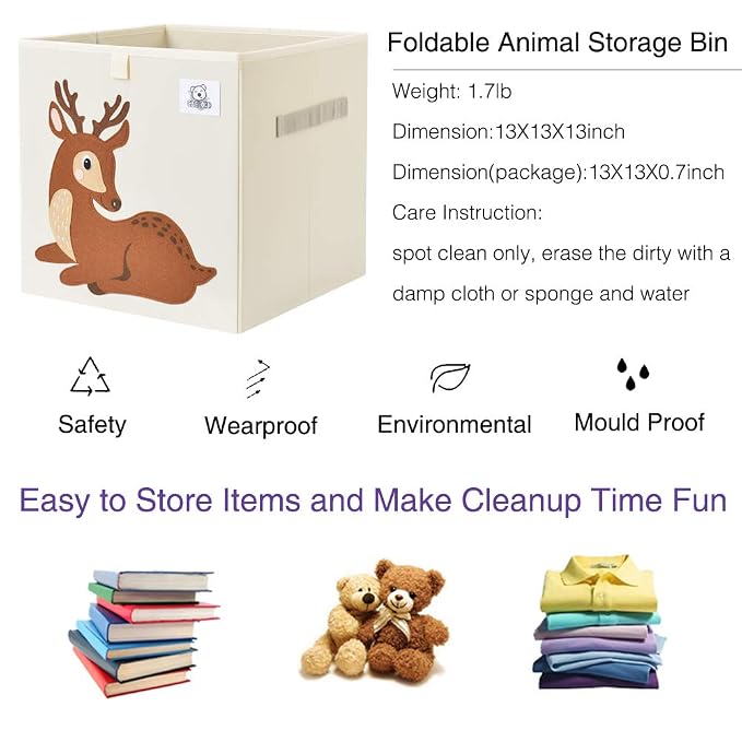 Foldable Animal Cube Storage Bins Fabric Toy Box/Chest/Organizer for Toddler/Kids Nursery, Playroom, 13 inch (Deer)