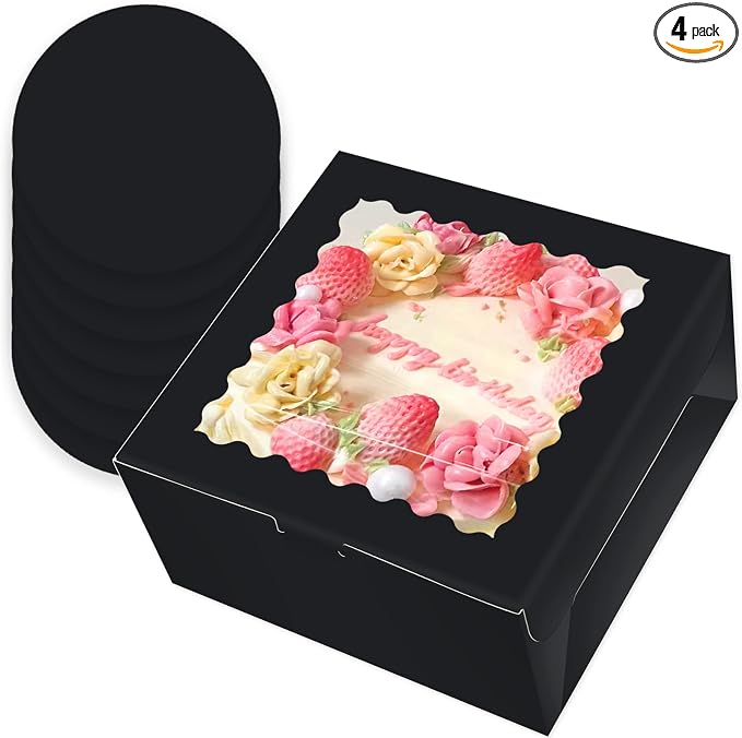 qiqee 10x10x5 Cake Box, 4 Sets Black Cake Box with Window ＆ 4 Sets 10" Black Cake Round Boards, 10inch Cake Containers