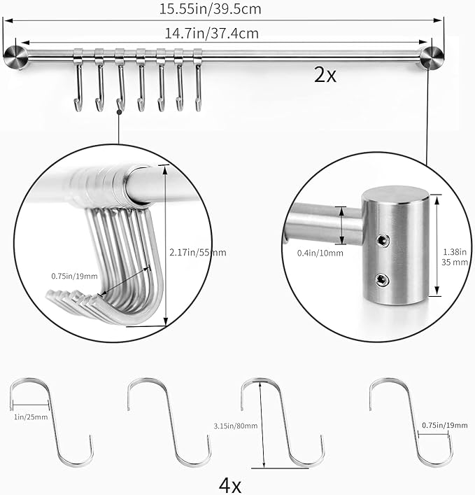 Audmore Kitchen Utensil Rack 2PCS, 15.6” Pot & Pan Hanging Rack Wall Mount | 304 Stainless Steel Lid Cooking Utensil Hanger, 7 Sliding Hooks for Spatula Spoon, Measuring Cups, Coffee Mug, Space Saving