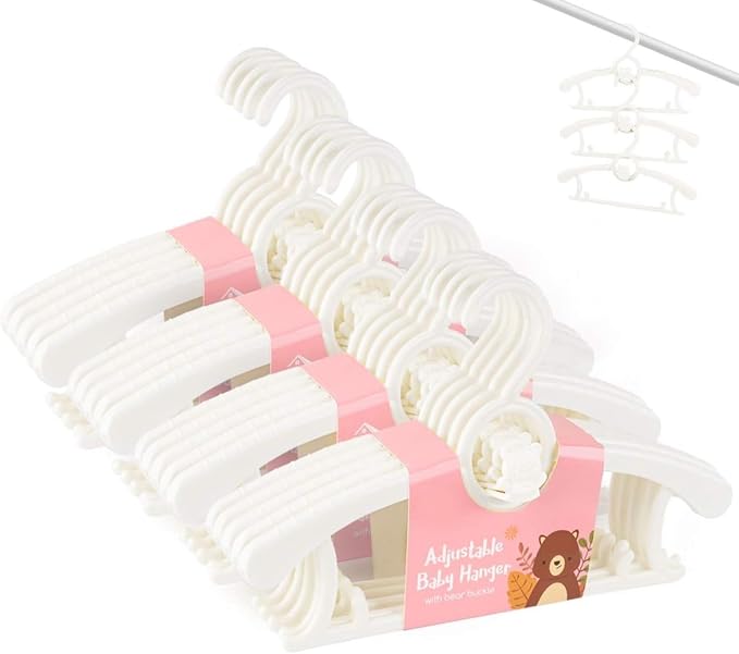 Baby Clothes Hangers 20 Pack, Plastic Kids Hangers Space Saving for Closet | White Hanger for Toddler Girl and Boy, Lightweight Anti-Slip Cascading Padded Extendable Adjustable Pant Bear Children Hangar