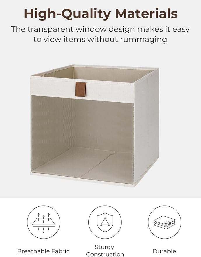 StorageWorks 11x11 Storage Cubes, Closet Storage Bins with Clear Window, Fabric Organizer for Clothes, Collapsible Storage Baskets with PU Handles, Beige, 3-Pack