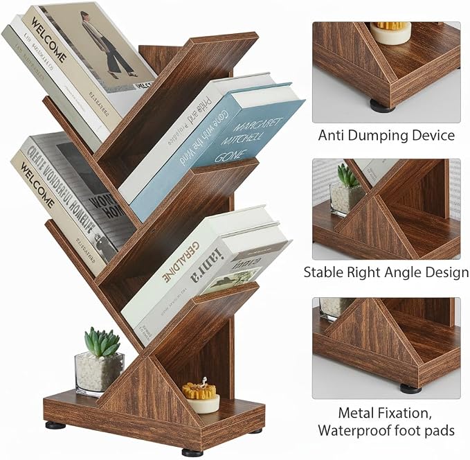 ruboka 5 Tier Tree Bookshelf, Small Bookcase 11.8"*7.4"*24" (Rustic Brown) | Retro Narrow Bookshelves for CDs/Magazines, Book Shelf for Bedroom, Living Room, Office, Balcony, Study Room
