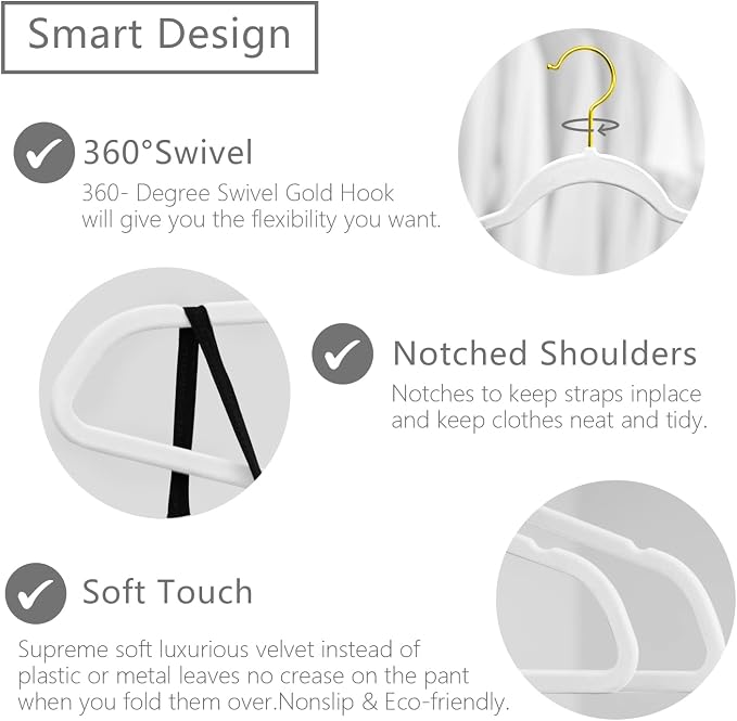 MIZGI Premium Velvet Hangers Pack 30 Pcs Heavyduty - Non Slip Slimline - Velvet Suit Hangers White - Gold Hooks,Space Saving Clothes Hangers