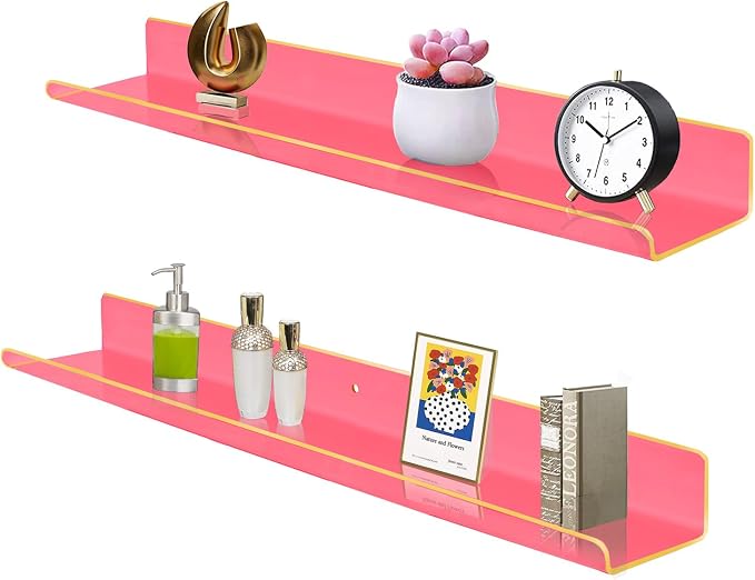 ROYALITA 2-Pack Acrylic Shelves Wall Mounted, 24 Inch Floating Shelves | for Small Items Plants Organize Wall Shelves for Gaming Room, Bedroom, Living Room, Office, Pink