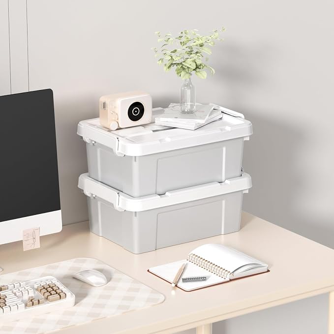 Cetomo Lidded Storage Bin with Handle, Tote Organizing Container with Durable Lid and Secure Latching Buckles, Stackable and Nestable, Plastic, 16 Quart-3 Pack, Gray