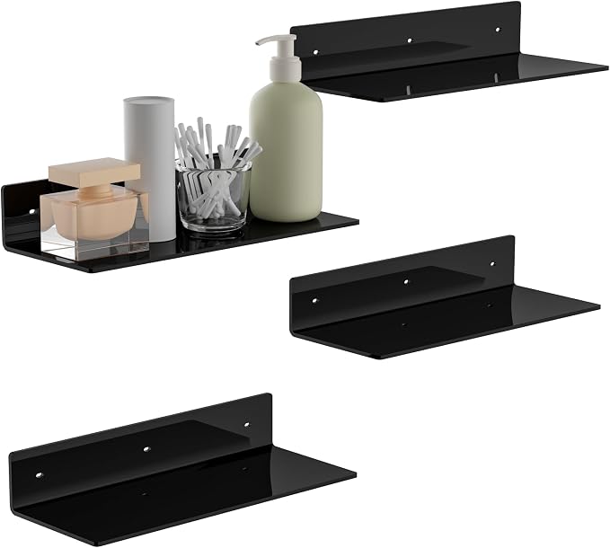 15 Inches Black Acrylic Wall Shelves 4 Pack, Perspex Wall Mounted Shelves for Home Décor, Space Saver