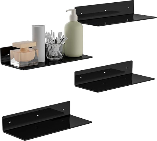 15 Inches Black Acrylic Wall Shelves 4 Pack, Perspex Wall Mounted Shelves for Home Décor, Space Saver