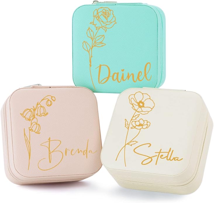 Bridesmaid Gifts Jewelry Box Personalized Small Jewelry Travel Case Custom PU Leather Portable Bridesmaid Proposal Boxes Mini Jewellery Organizer Storage Earrings Rings Necklaces for Women Girls-Pink