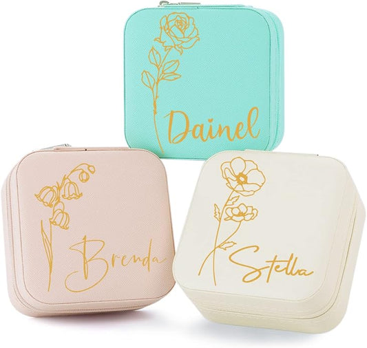 Bridesmaid Gifts Jewelry Box Personalized Small Jewelry Travel Case Custom PU Leather Portable Bridesmaid Proposal Boxes Mini Jewellery Organizer Storage Earrings Rings Necklaces for Women Girls-Pink