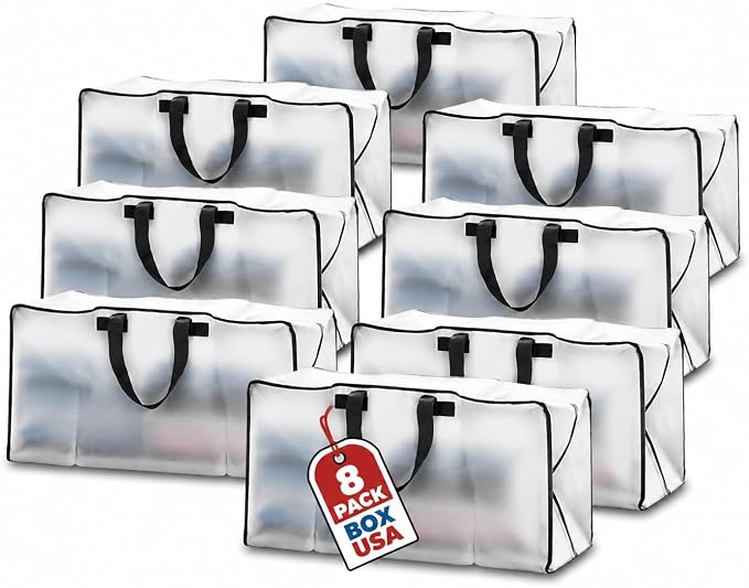 BOX USA 8-Pack Moving Bags with Strong Handles & Zippers - Heavy Duty Extra Large Packing Bags for Storage, Moving Boxes, Dorm & College Supplies, Clear