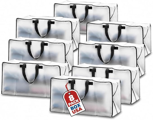 BOX USA 8-Pack Moving Bags with Strong Handles & Zippers - Heavy Duty Extra Large Packing Bags for Storage, Moving Boxes, Dorm & College Supplies, Clear
