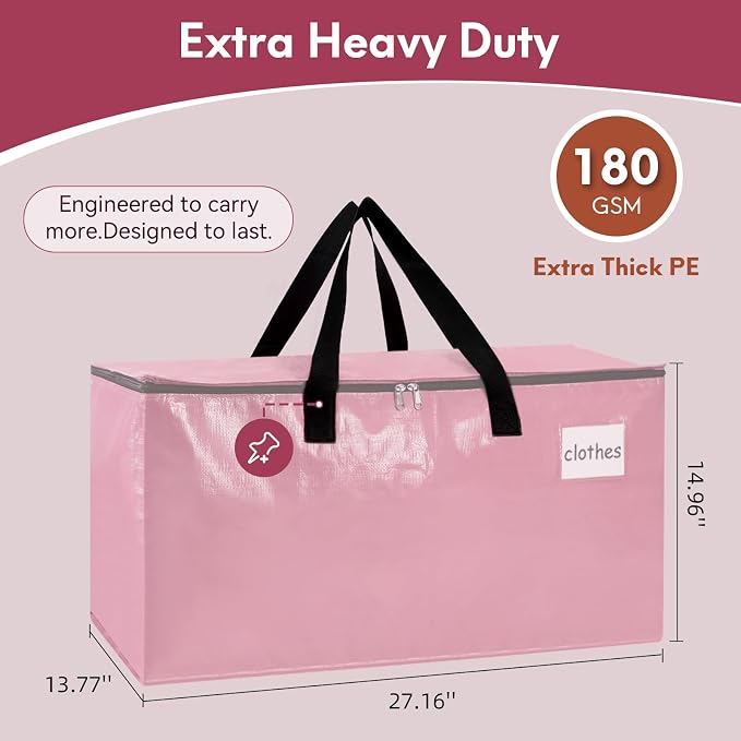 2-Pack Extra-Large Heavy-Duty Storage Totes with Reinforced Handles, Durable Zippers & Waterproof Material — Perfect for Space-Saving, Moving, Shipping and Travel (PINK)
