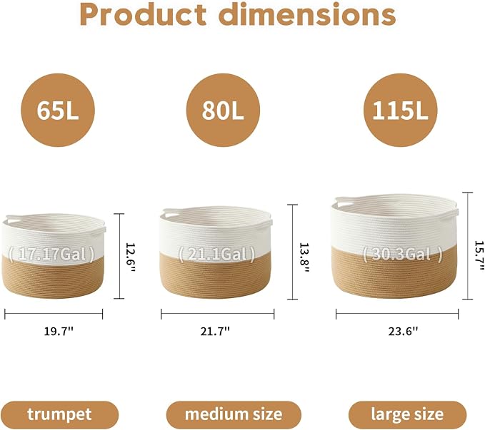 Foldable Laundry Hamper Basket with Collapsible Handle Cotton Rope Soft Woven Fabric Storage Organizer Clothes Toys Nursery Bedroom Dorm Space Saving Bin (White & Camel, 80L(21.7"D x 13.8"H))