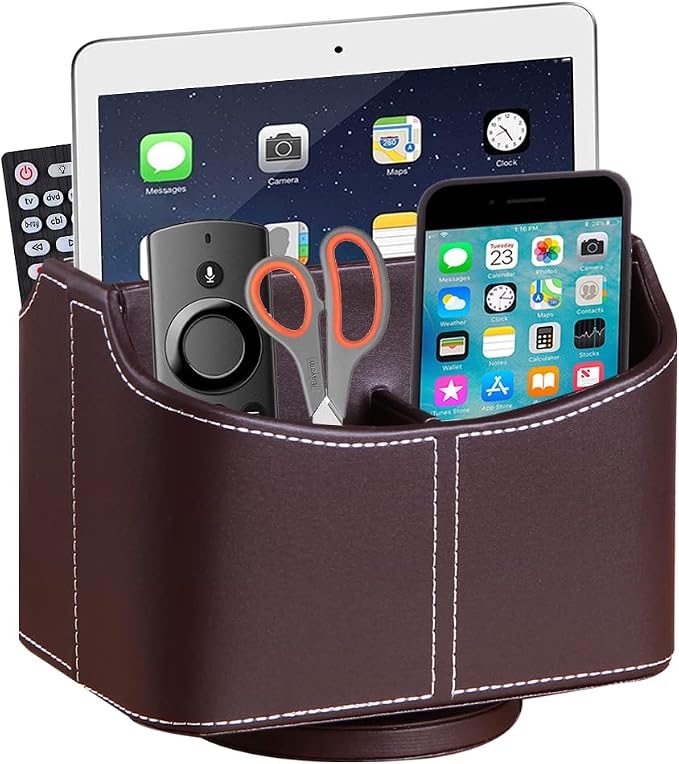 PU Leather Remote Control Holder, 360 Degree Spinning Desk TV Remote Caddy, Desk Organizers and Accessories, for Controller, Media, Mail, Calculator, Mobile Phone, Pen Storage Holder （Brown）