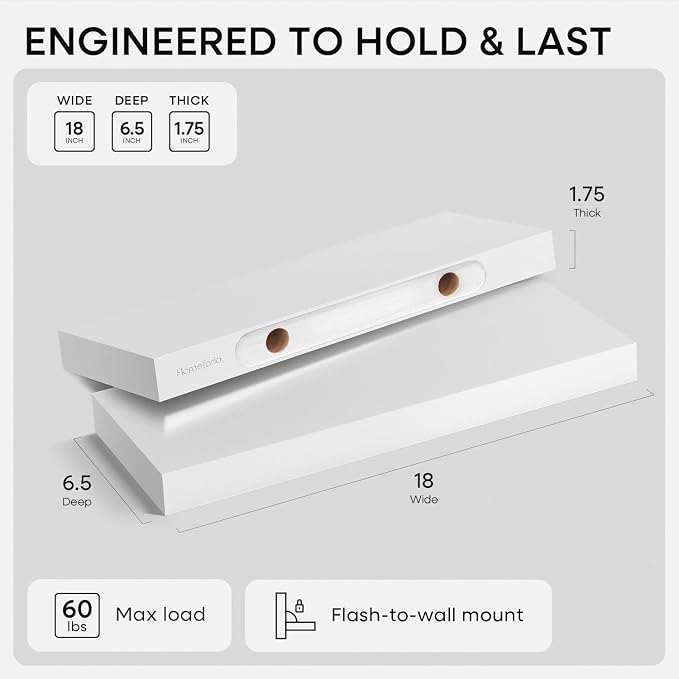 Homeforia White Floating Shelf 18 inch, High End Solid Real Wood 18inch Bathroom Floating Shelves for Wall Mounted, White Wooden 18in Floating Shelves, Heavy Duty Bracket, 18 X 6.5 X 1.75 in, Set of 4