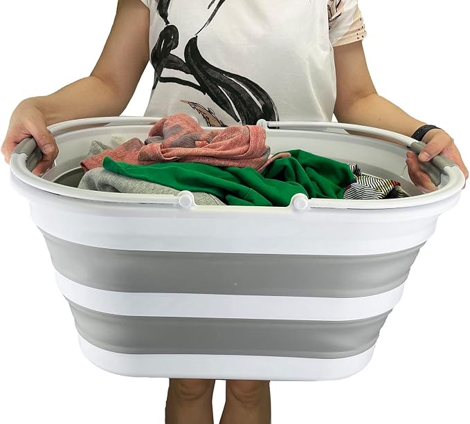 SAMMART 38L (10 Gallons) Collapsible Plastic Laundry Basket - Foldable Storage Container/Organizer - Portable Washing Tub - Space Saving Laundry Hamper (White/Grey)