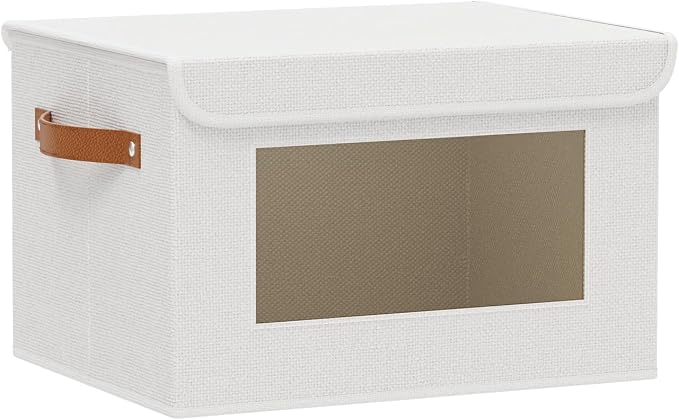 White Portable Storage Box,Closet Bin,10.2x7.8x6.7In,1Pack | Decorative Storage Bins with Lids,Shelf Baskets with Handles and Window,Fabric Closet Organizers,Sock Cube Container for Home