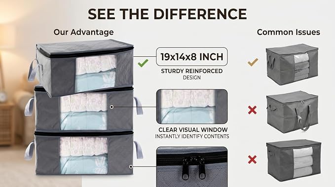 Storage Clothes Bins Closet Bags - 35L Containers Organizer Boxes Clothing Bin Organization for Organizing Blanket Pillow Sheet Sweater, Foldable Bedroom Small Storage Totes With Lids Zipper, 3pc Pack