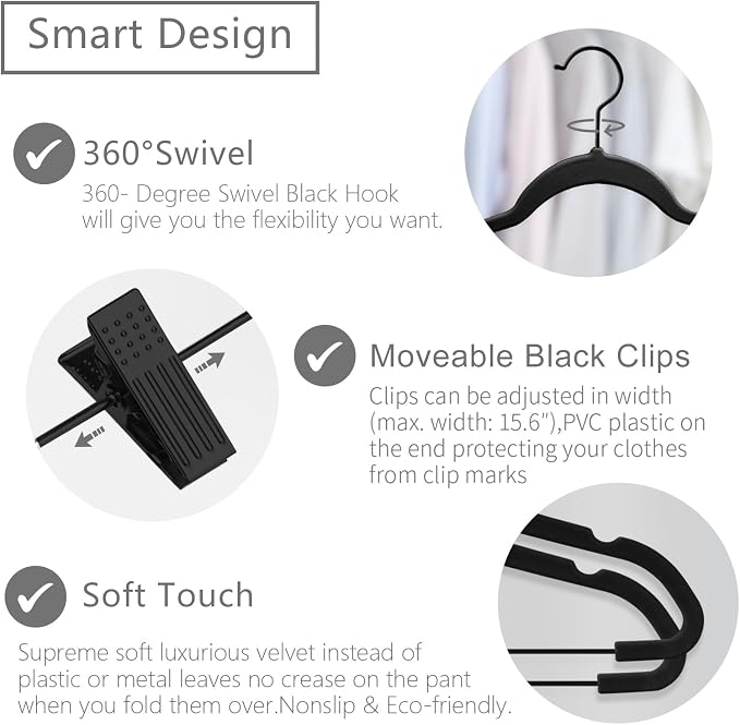 MIZGI Premium All Black Velvet Pants Hangers with Adjustable Clips (Pack of 20) Slim Skirt Hangers- Non Slip Felt Outfit Dress Hangers- Black Hooks,Space Saving Shirt Clothes Hangers
