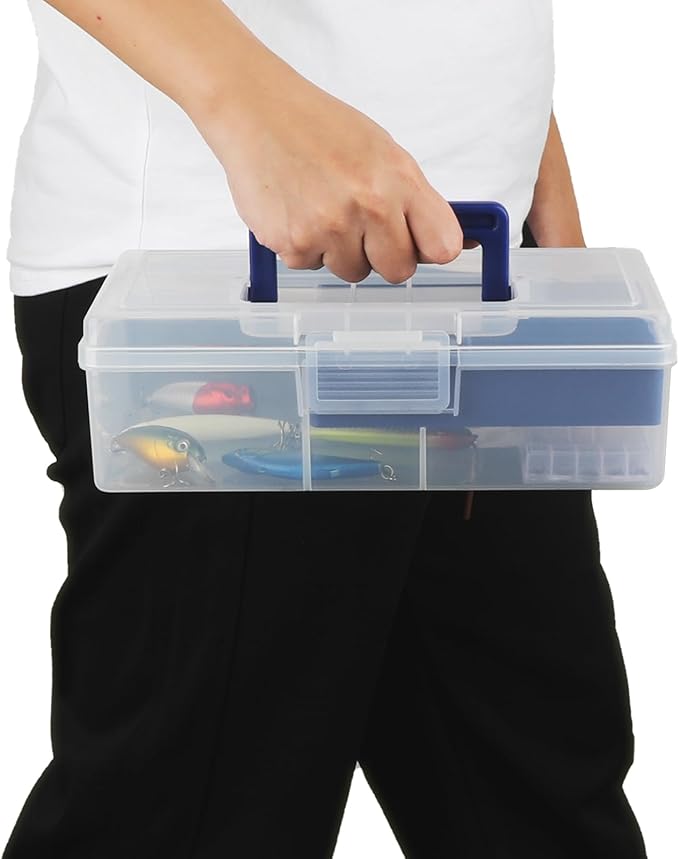 JUXYES Carry Craft Organizers Storage Box with Handle Lid and Diveded Tray | Clear Plastic Art Bin Sewing Storage Containers Tackle Box, 2 Layers Portable Storage Case for Craft, School Office Supplies