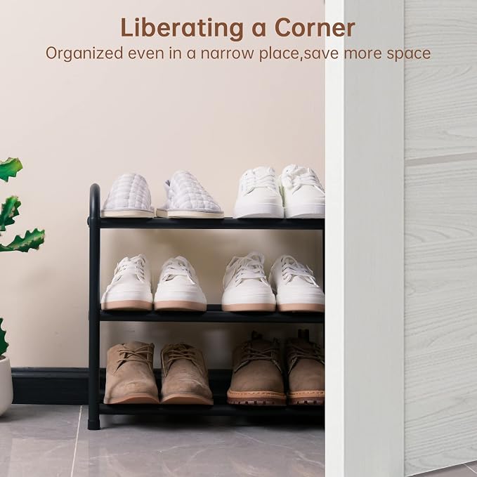 Gonfoam Shoe Rack for Closet, Expandable Shoe Organizer Storage Shelf, Adjustable Metal Free Standing Small Closet Shoe Rack for Entryway, Doorway (3-Tier Black)