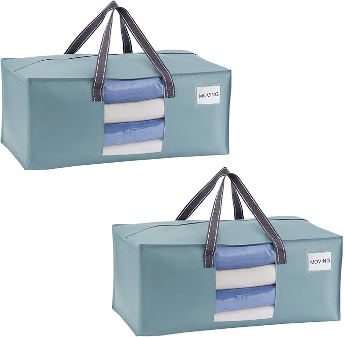 VENO 2 Pack Heavy Duty Moving Bags, Packing Bags with Clear Window, Alternative to Moving Boxes, Storage Bins for Clothes, Blankets, Comforters, College Dorm Essentials (Light Blue Matte, 2 Pack)