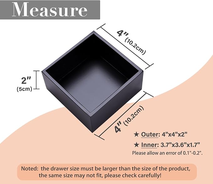Bamboo Organizer Box for Accessories Cosmetic Small Square Drawer Organizer Boxes, Black 4"*4"