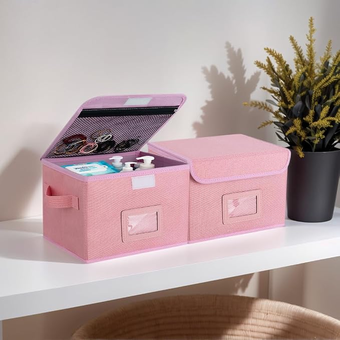 Small Storage Box, Storage Basket with Lid, Foldable Cotton Linen Fabric Keepsake Box, Organizer Container with Zipper for Decorative, Medicine, Greeting Card Organizer. (Pink, 1 Pack)