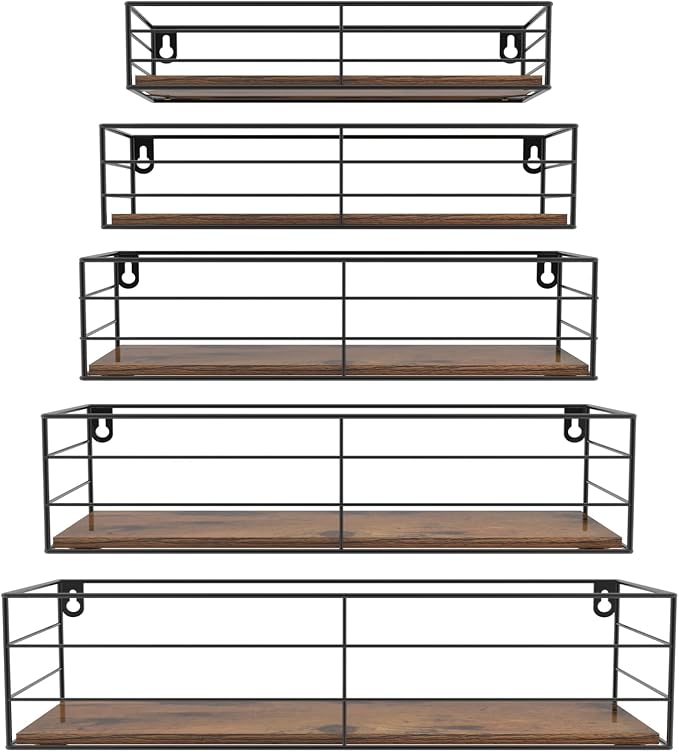 CRUGLA Floating Wall Shelves Set of 5, Wall Mounted Bathroom Shelves, Hanging Storage Shelf for Bathroom, Kitchen, Bedroom, Living Room