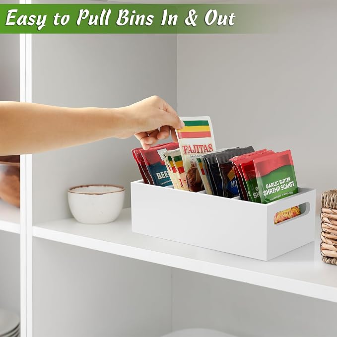 DRASTAR Pantry Organization and Storage Bins, Seasoning Packet Organizer with Removable Dividers,Wooden Storage Caddy for Kitchen, Pantry, Cabinet, Countertop, White
