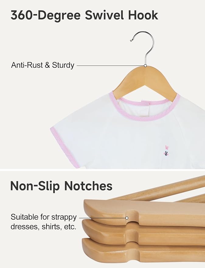 StorageWorks Baby Hangers 20 Pack, Maple Wood Clothes Organizer for Toddler, Kids Wooden Hanger with Pant Bar for Closet, Natural Maple Wood Color