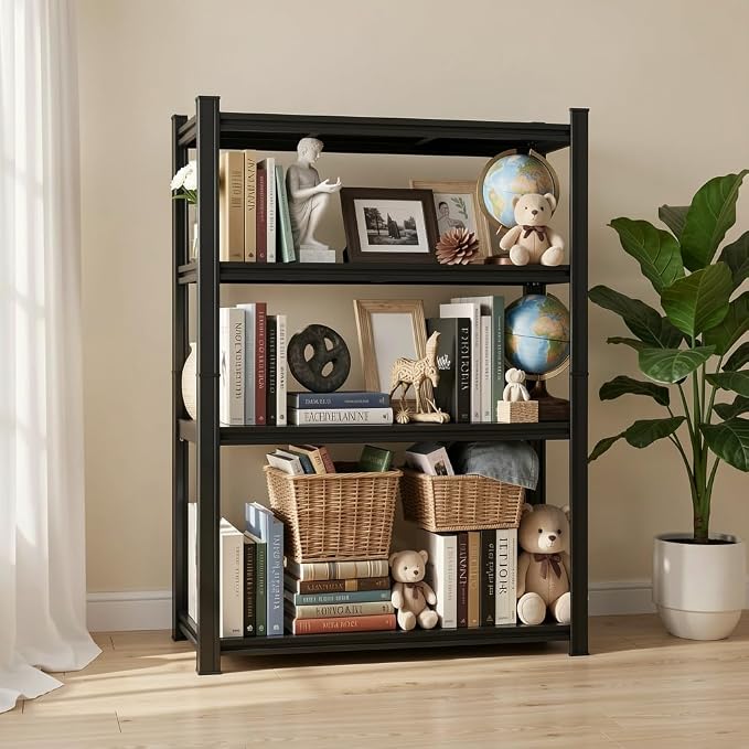 Book Shelf Storage Shelves 4-Tier Wide Bookshelf Metal Shelving Adjustable Shelving Unit Organization and Storage for Bedroom, Home Office, Living Room, Kitchen, Balcony, 63"H × 45"W × 16"D, Black