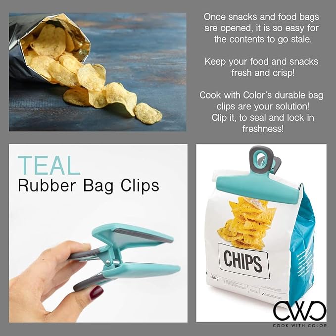 COOK WITH COLOR Food Clips - Wide Heavy Duty Chip Clips, Large Bag Clips for Food Storage with Air Tight Seal Grip, Pack of 4, Teal