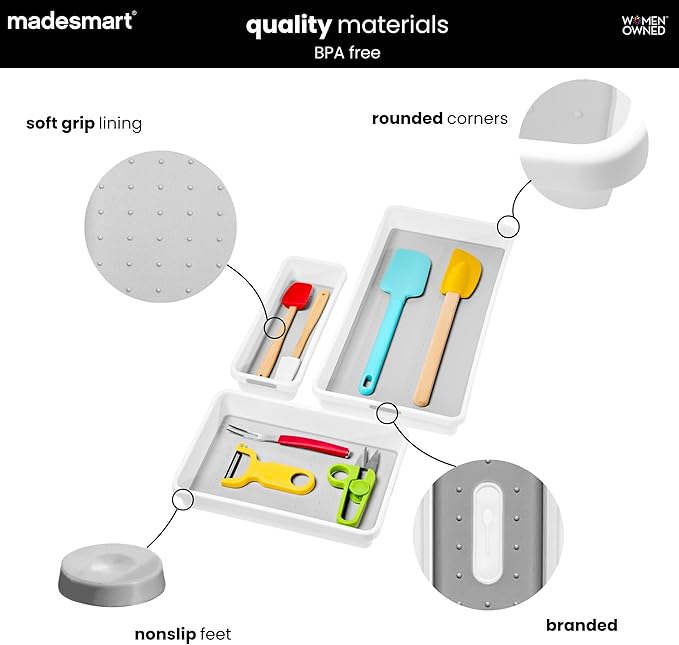 madesmart 3 Bin Drawer Organizer Set, Multi Purpose Storage for Utensils, Office & Bathroom, Organizer for Cutlery, Peeling Tools, Spatulas, Soft Grip Lining, Durable & Easy to Clean, White