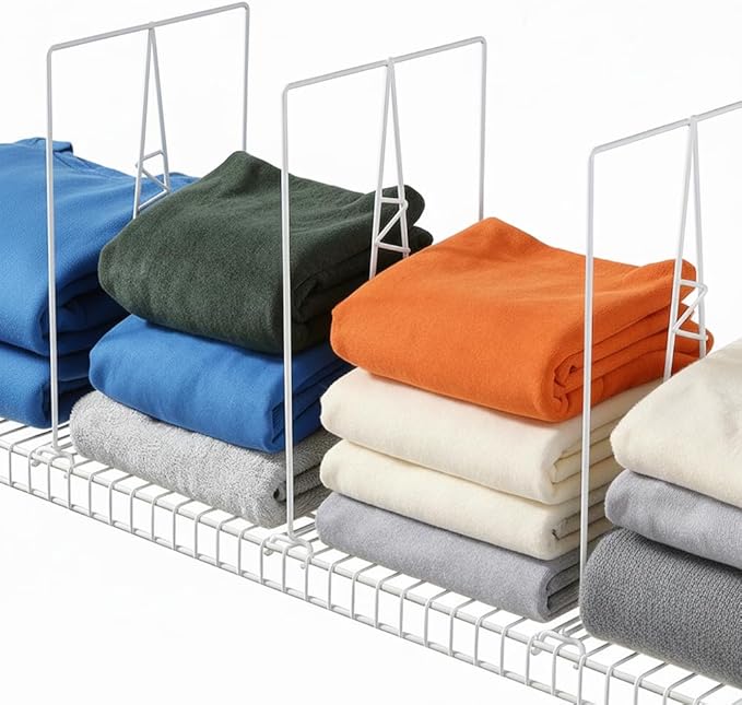 Wire Shelf Dividers - White Closet Organization & Storage Organizer - No Tool Shelf Divider for Wire Shelves - Metal Shelf Accessories – for 12“ Deep Wire Shelves – Tall 16” Height – 4 Pack