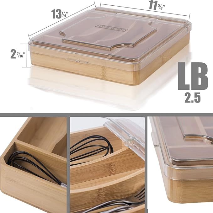 Kitchen Drawer Organizer, 13 Inch Silverware Utensil Tray Holder,with Removable Lid, 5 Slots Total Bamboo Wood Caddy for Flatware Cutlery Knives, Forks, Spoons.