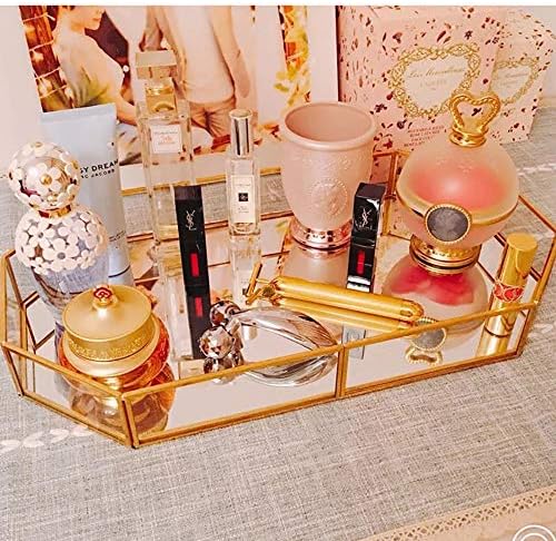 Mirror Gold Rectangle Makeup Decorative Tray, Metal Jewelry Organizer for Vanity, Bathroom, Dressing Table (Large)