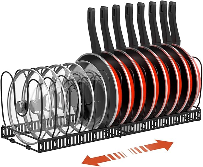 Housolution Pot and Pan Organizer Rack for Cabinet, Expandable Pot Lid Organizer Holder with 14 Adjustable Dividers, Fully Expanded Size 22.83" W x 7.09" D x 7.09" H, Black