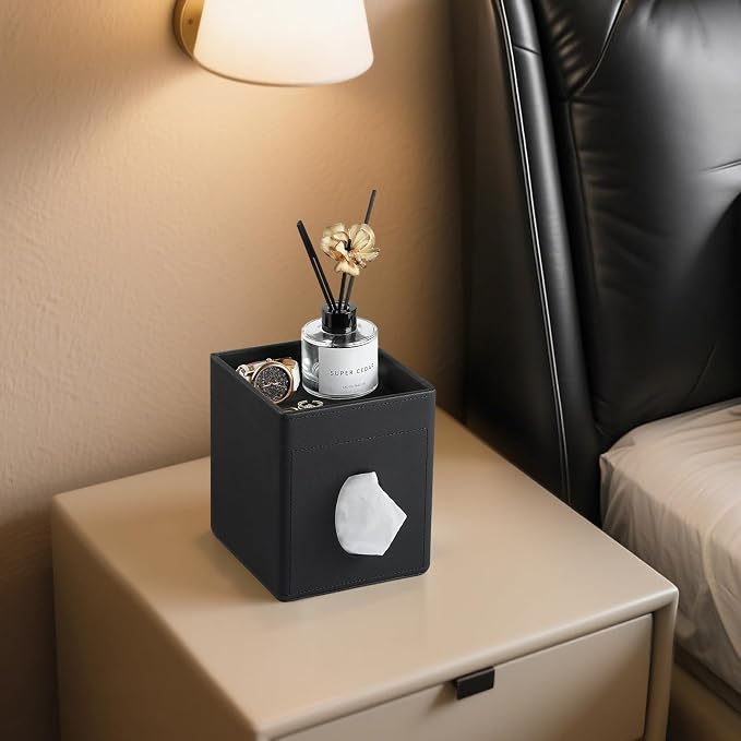 Tissue Box Cover, PU Leather Square Tissue Box Holder with Storage Tray for Bathroom Vanity Countertop Night Stands Bedroom Office Desk, Stylish Tissue Holder Decorative Organizer (Black)