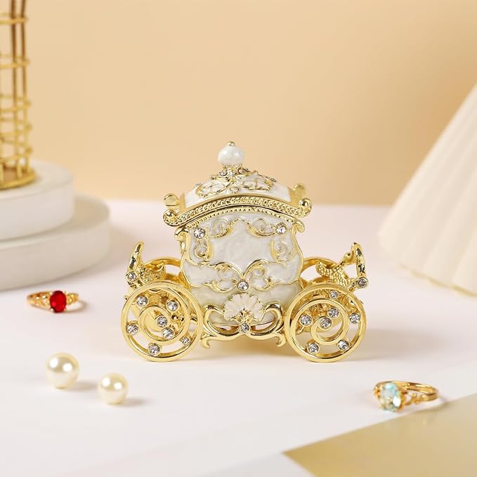Retro Carriage Jewelry Trinket Box Enamel Ring Hold Boxes Hand-Painted Vintage Ornaments Craft Gift for Women(White)