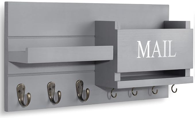 Lwenki Mail Organizer for Wall Mount – Key Holder with Shelf Includes Letter Holder and Hooks for Hallway Farmhouse Decor – Rustic Wood with Flush Mounting Hardware (16.5” x 9.1” x 3.4”) (Gray)