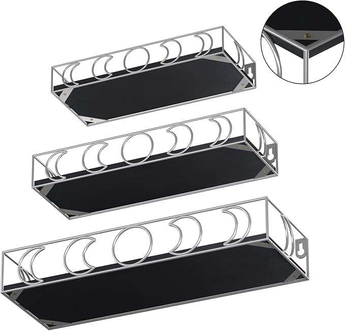 Moon Phase Wall Shelves Black Silver, 3 Pack Small Floating Book Plant Shelves for Bedroom Kid Room, Decorative Storage Display Shelf for Crystal Figurine Collectibles