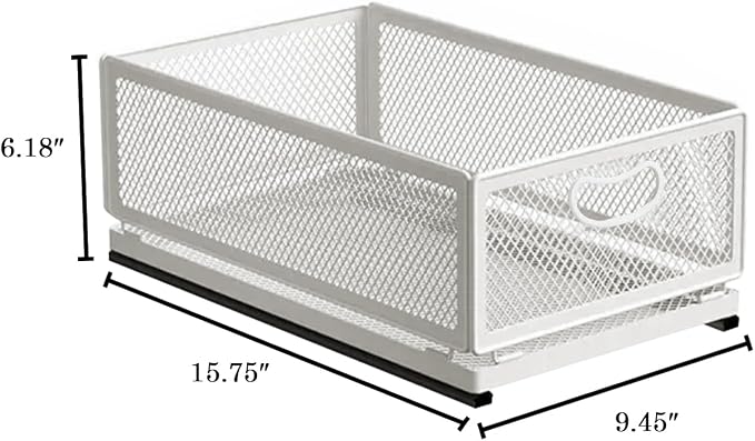 Sliding Cabinet Basket Organizer Drawer Self Adhesive Slide out Pantry Shelves Heavy Duty Carbon Steel Slide Cabinet Storage Basket with Handle for Bathroom Kitchen Home
