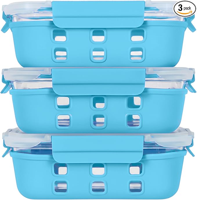 ECOBERI Glass Meal Prep Containers with Silicone Sleeves, 3 Piece 4.5 Cup Set, Borosilicate Glass Food Storage with Leak-Resistant Lids, Oven, Microwave, Freezer and Dishwasher Safe